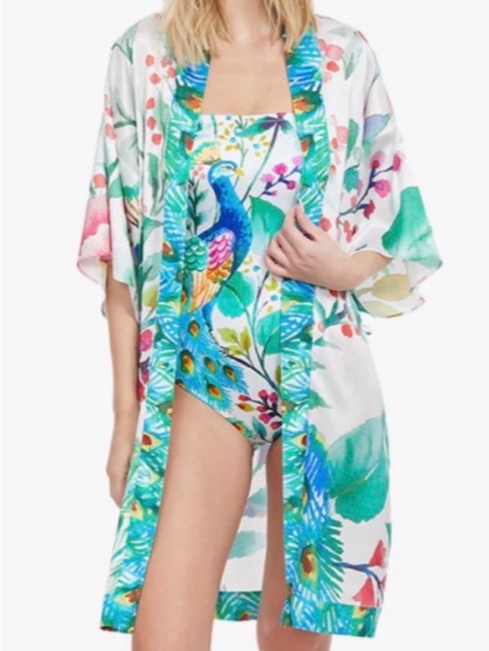 Gottex White Swim Coverup Kimono with Peacock Print—NWOT